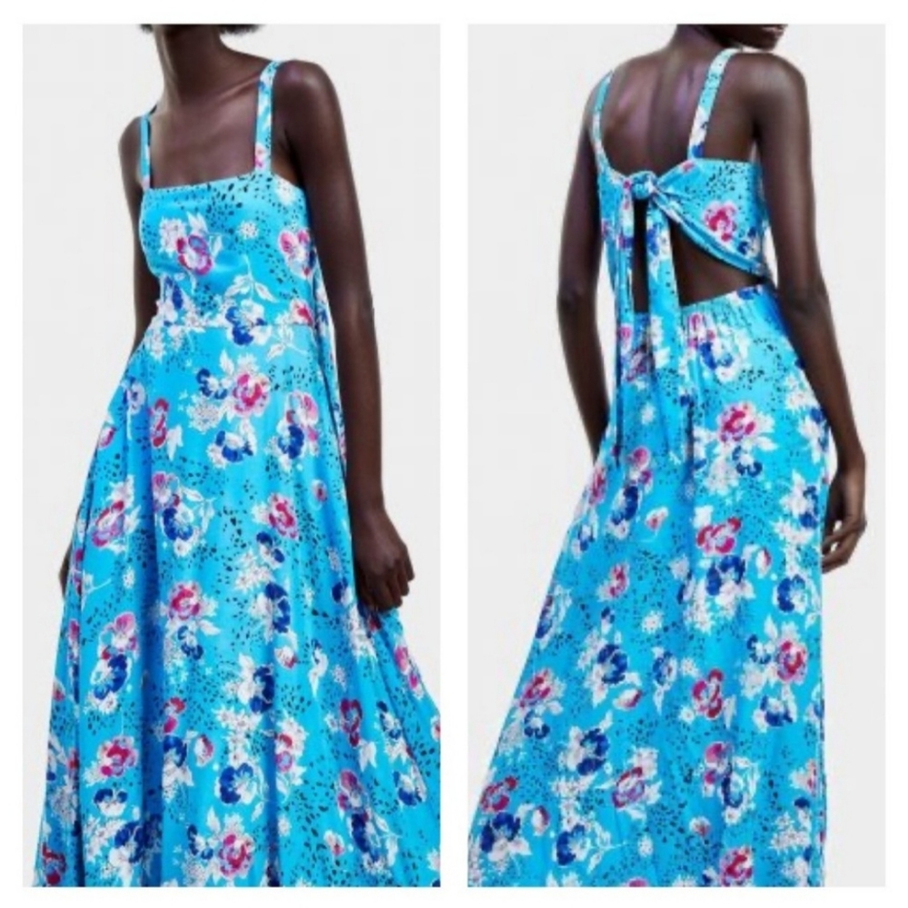 [Zara] Floral Printed Open Tie Back Cut Out Long Sundress Blue Size M